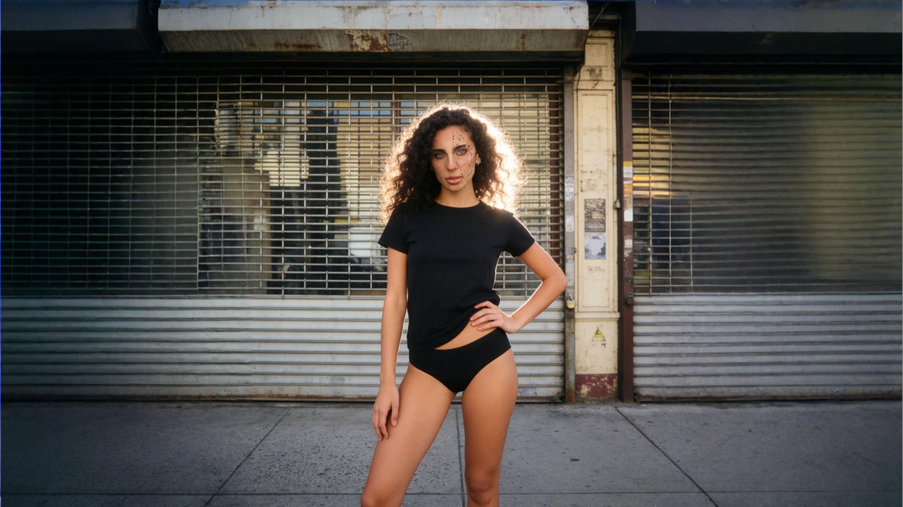 Woman wearing the black UNI x GLOW tee and brief