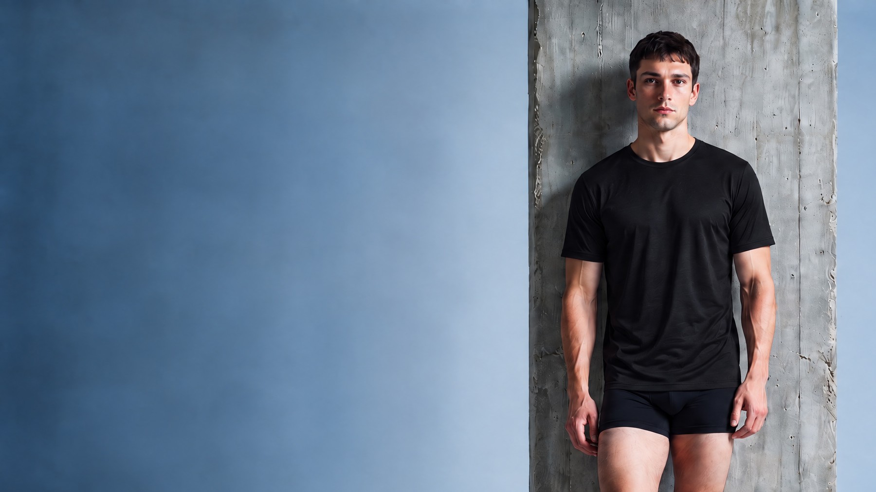 Man in the black UNI x GLOW tee and brief